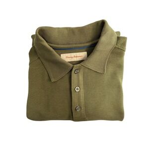 Tommy Bahama Men's L Olive Green Ribbed Long Sleeve Polo Casual Shirt Silk Blend